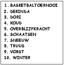 Tekstvak: 1.BASKETBALTOERNOOI 
2. DERINDA	 
3. DORI
4. KOUD		 
5. OVERBLIJFKRACHT 
6. SCHAATSEN
7. SNEEUW	 
8. TRUUS		 
9. VORST
10. WINTER	

